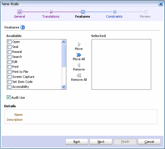 New Role wizard, Features page