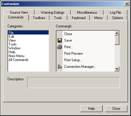 Commands Tab dialog