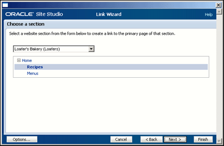 Create Hyperlink Wizard - Choose Section dialog box