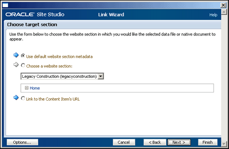 Create Hyperlink Wizard - Choose Target Section dialog box