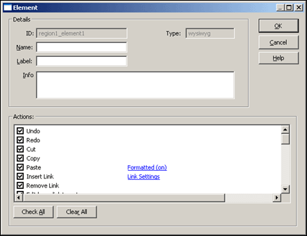 WYSIWYG Element dialog box