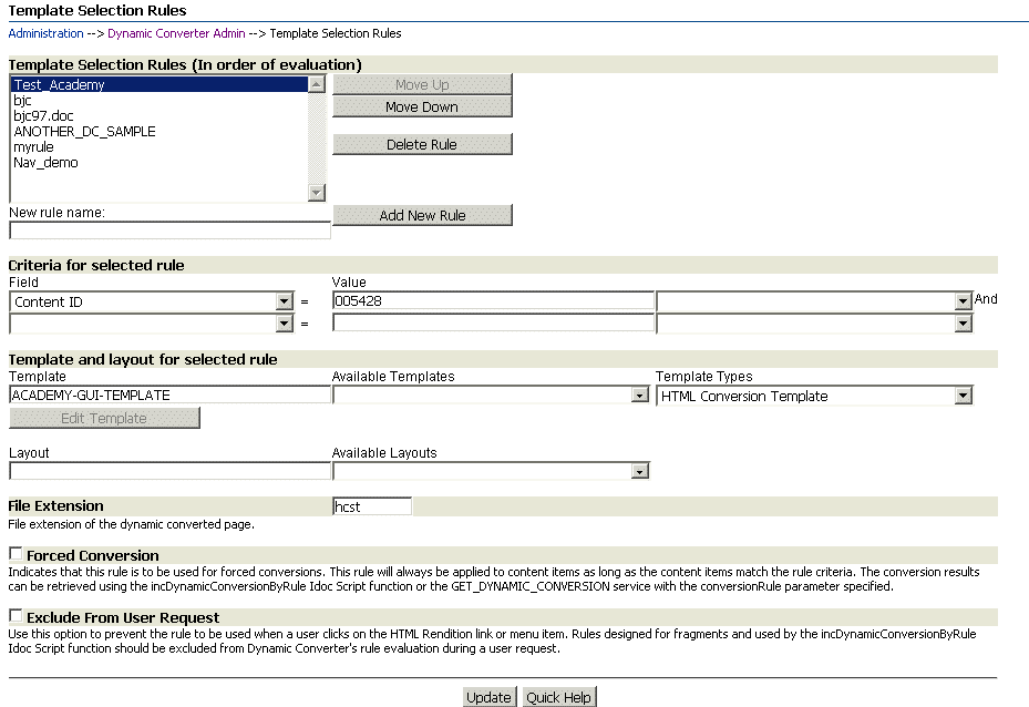 Template Selection Rules page