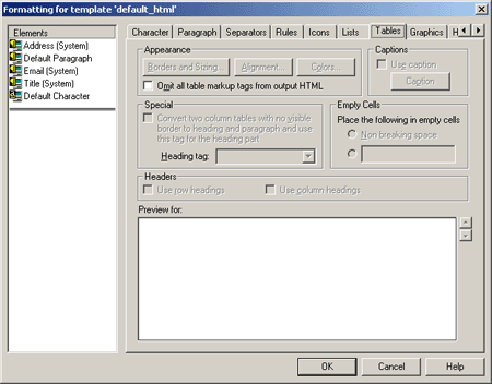 Formatting Tables Dialog