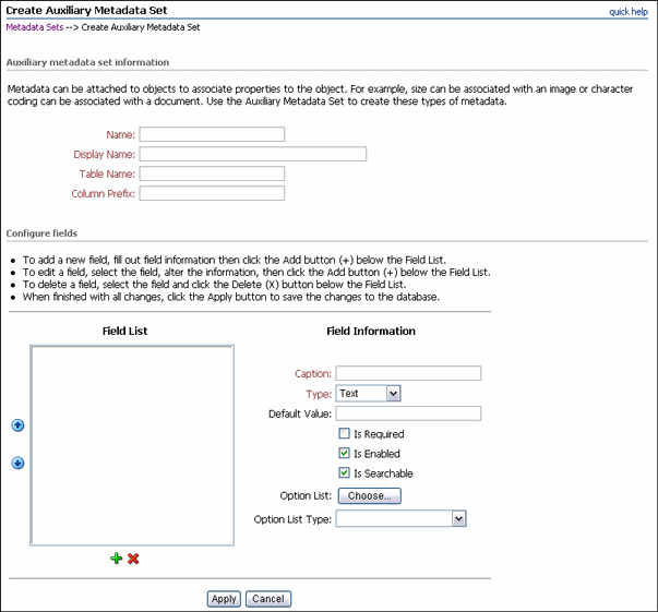 Text describes the Create Auxiliary Metadata Set Page.