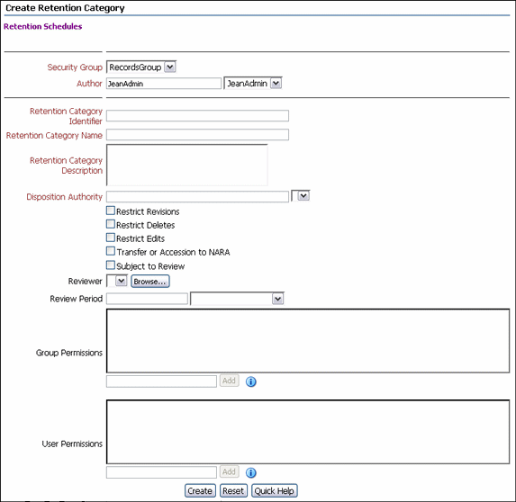 Text describes the Create/Edit Retention Category Page.