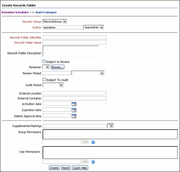 Text describes the Create or Edit Record Folder Page.