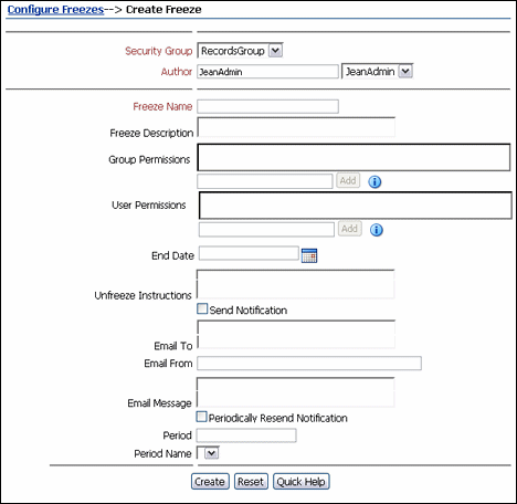 Surrounding text describes the Create or Edit Freeze page.