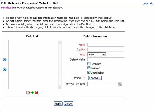 Text describes the Create Standard Metadata Field Page.