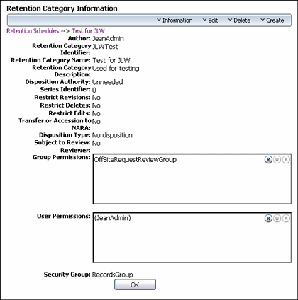 Text describes the Retention Category Information Page.