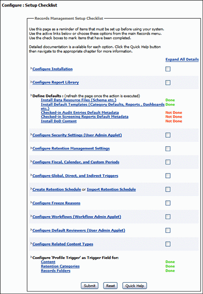 Surrounding text describes the Setup Checklist Page.