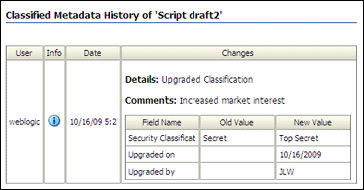 Text describes the Classified Metadata History Page.