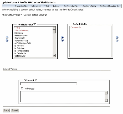 Text describes the Field Default Values Page.