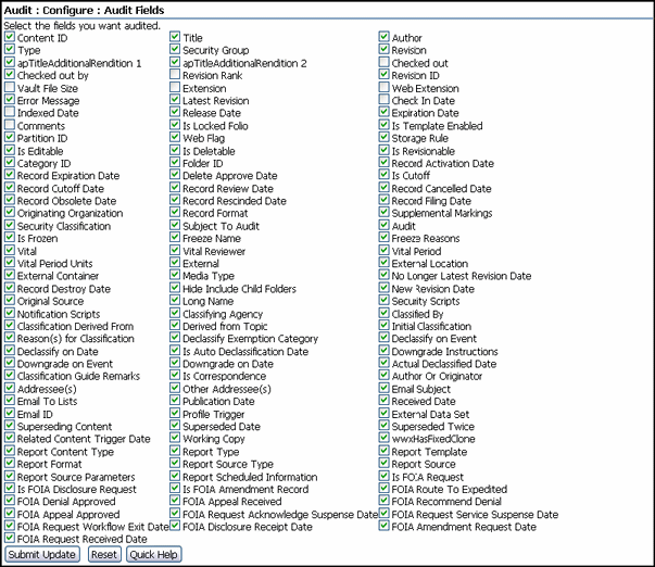 Surrounding text describes the Audit Fields Page.