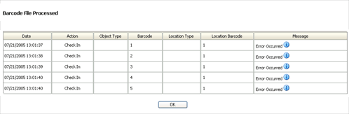 Surrounding text describes the Barcode File Processed Page.