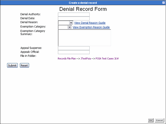 Surrounding text describes the Denial Record Form.