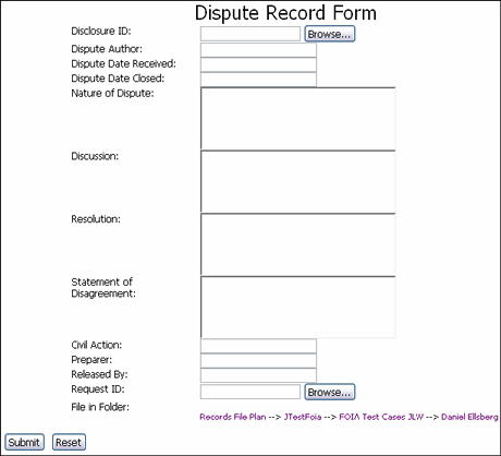 Surrounding text describes the Dispute Record Form.