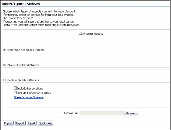 Surrounding text describes the Import/Export Archive Page.