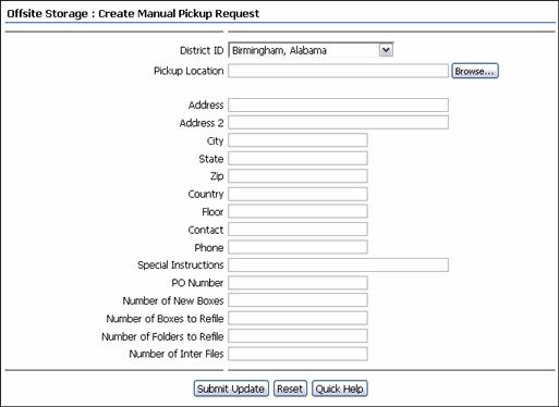 Surrounding text describes the Create Manual Pickup Page.