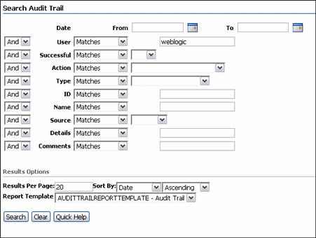 Surrounding text describes the Search Audit Trail Page.