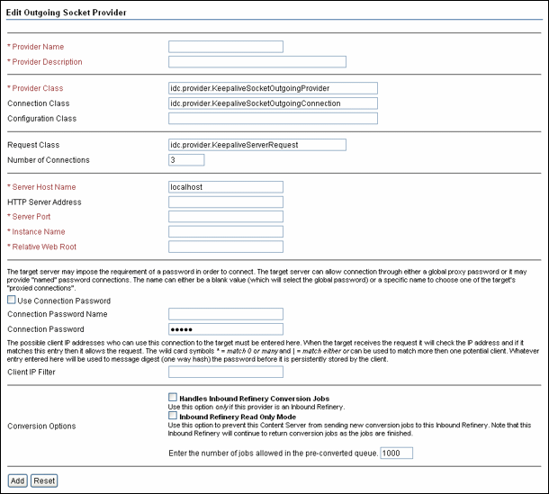 Add Outgoing Provider screen for keepalivesocket