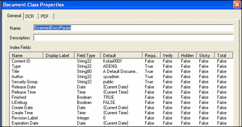 Document Class Properties for ScannedDocsParam screen