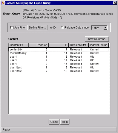 Content Satisfying the Export Query screen.