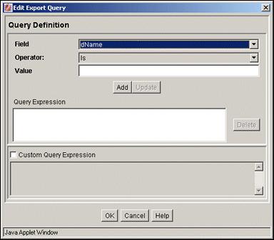 Surrounding text describes Edit Export Query screen.