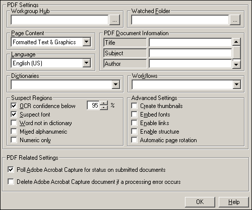 Adobe Acrobat Capture Settings screen