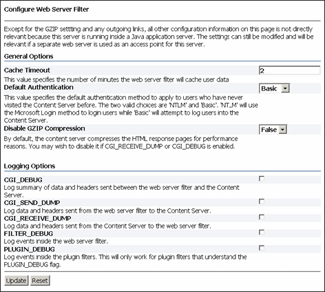 Configure Web Server Filter screen