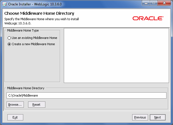 Oracle Middleware Home Directory screen