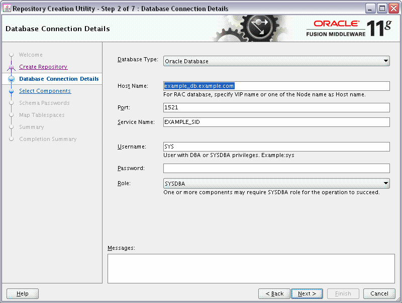 rcu database connection details screen