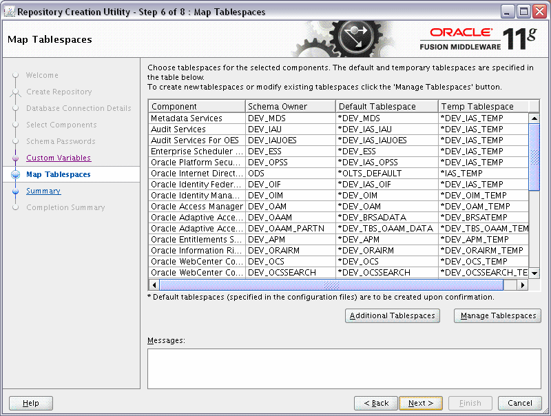 rcu map tablespaces screen