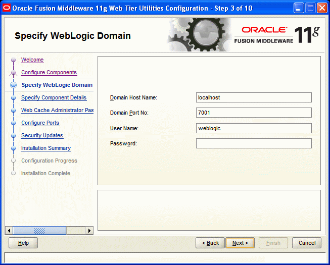 Specify WebLogic Domain screen