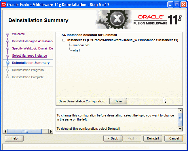 Deinstallation Summary screen for Managed Instances