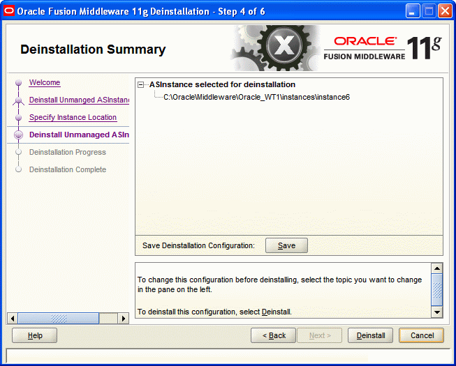 Deinstallation Summary screen for Unmanaged Instances