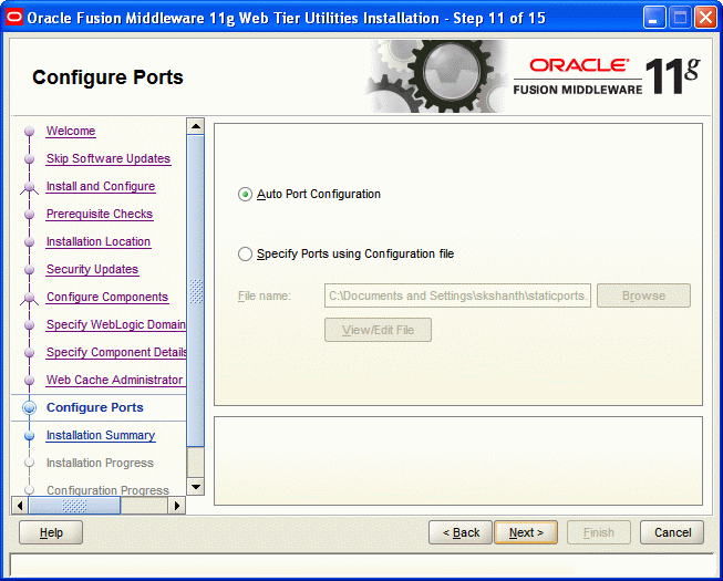 Configure Ports screen