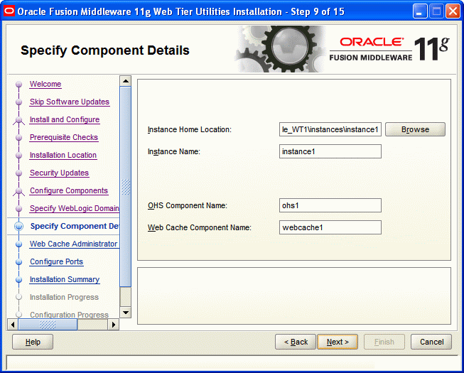 Specify Component Details screen