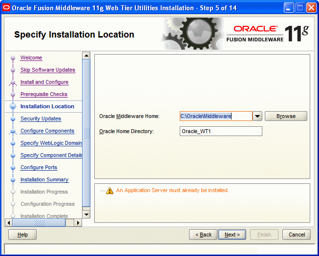 Specify Installation Location screen