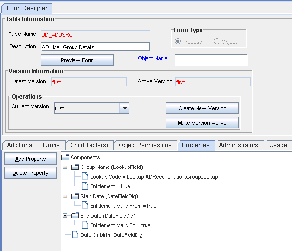 Properties tab of child process form