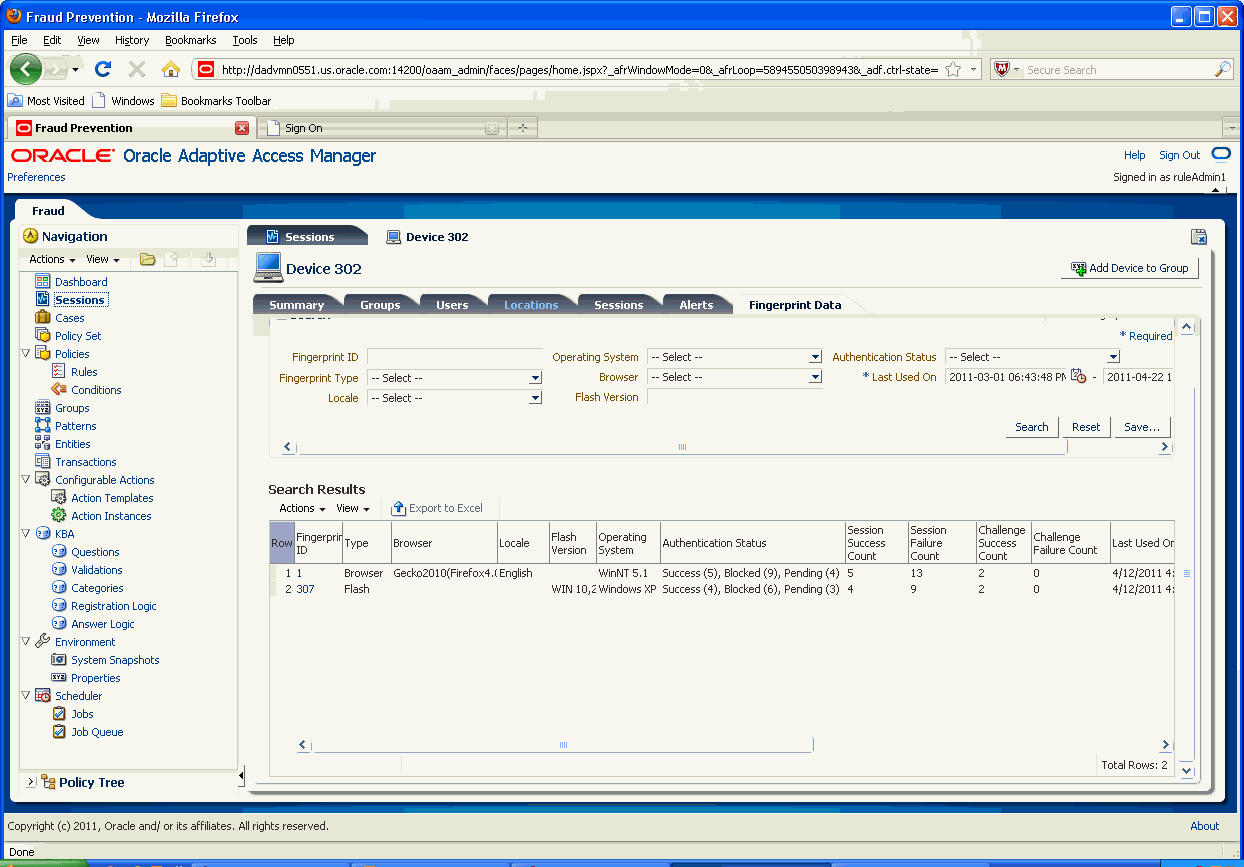 The device details fingerprint data tab is shown.