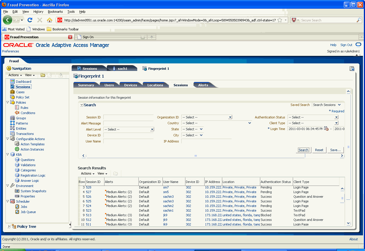 The fingerprint details sessions tab is shown.