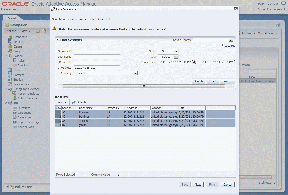 Linking sessions is shown.