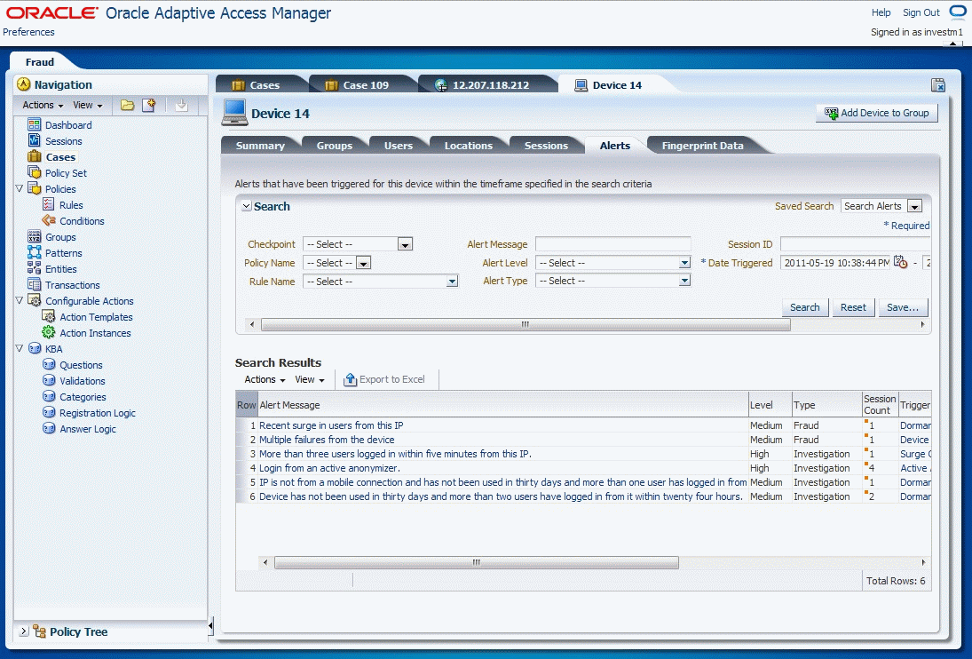 Alerts involving a session parameter are shown.