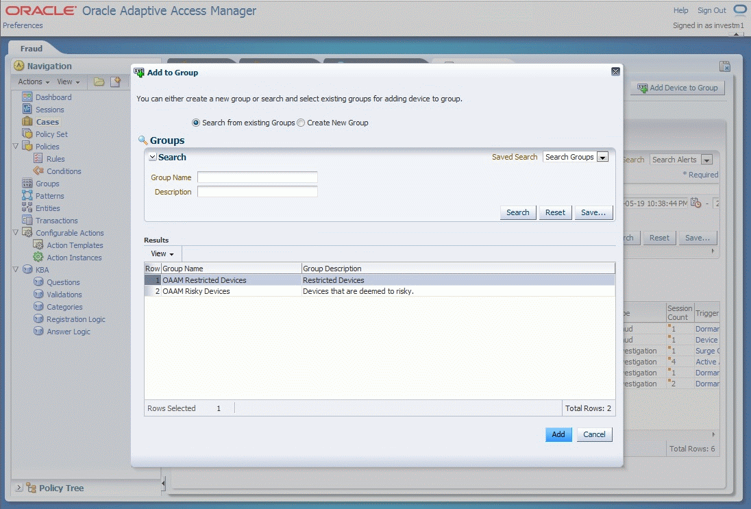 Session parameters to add to a group are shown.