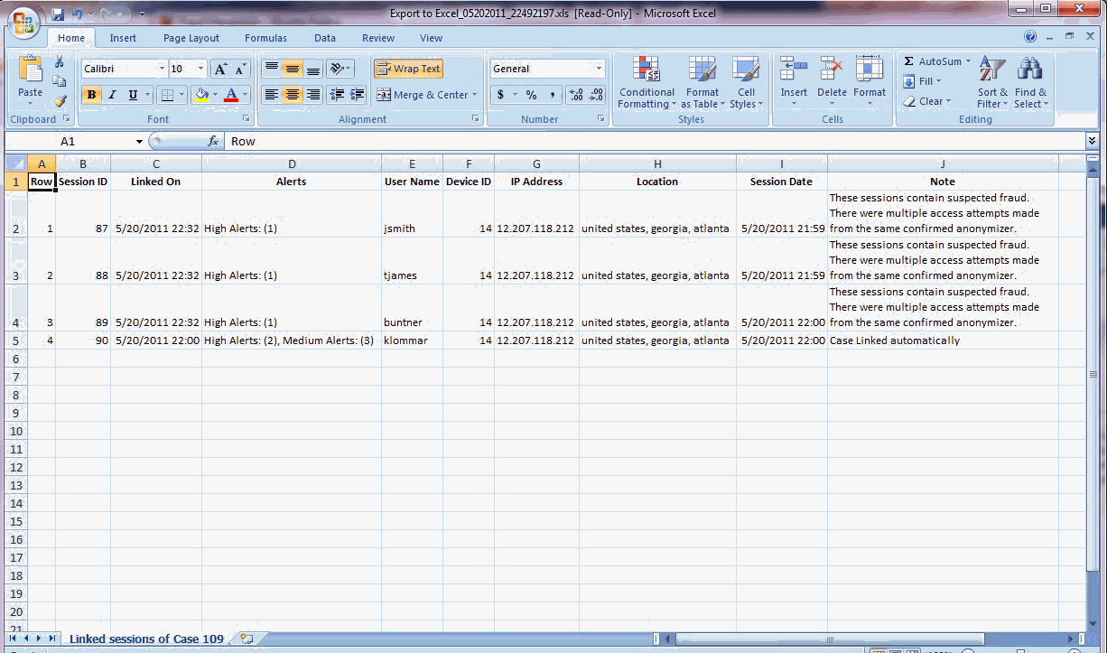 The Excel sheet that will be used for evidence is shown.