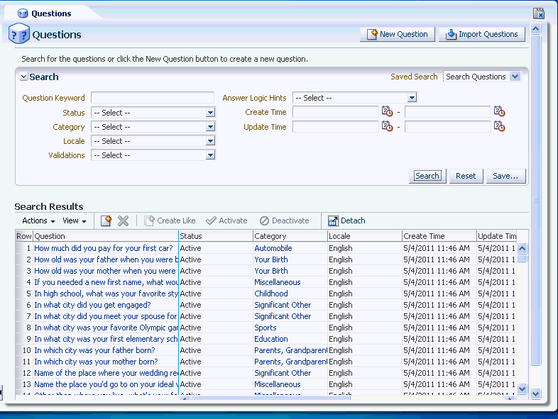 The KBA Question search page is shown.