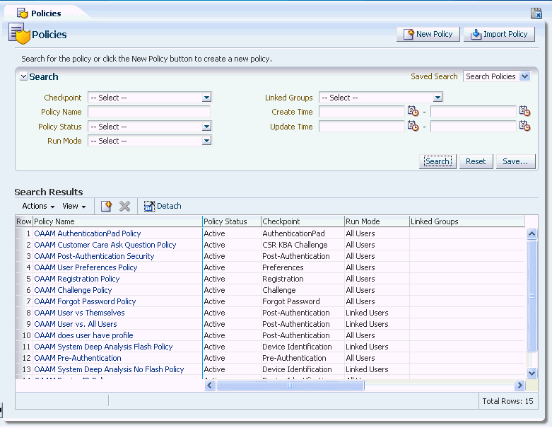 The Policies search page is shown.