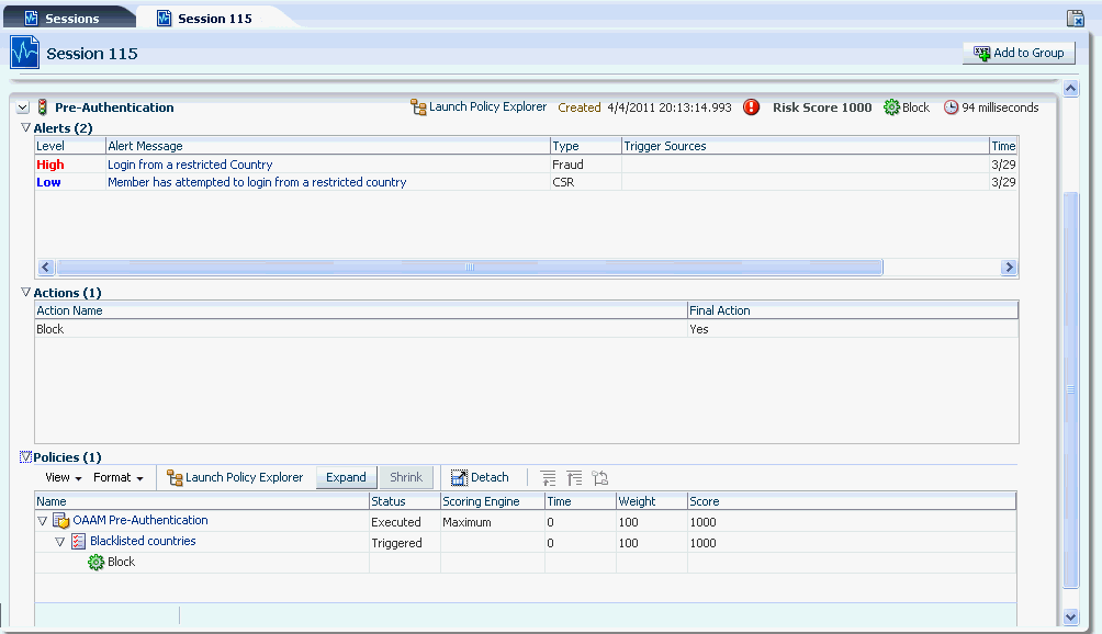 Session alerts and actions are shown.