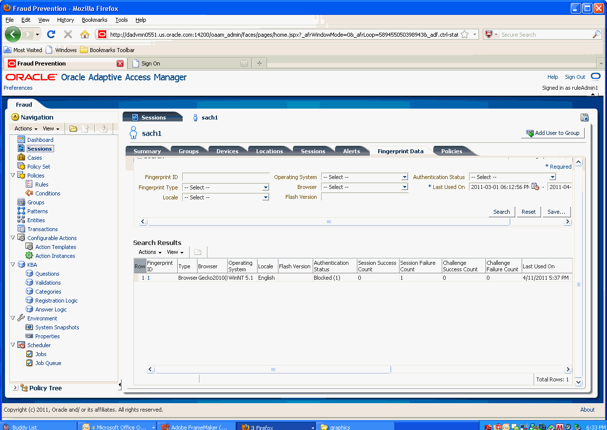 Fingerprint data is shown for the user.