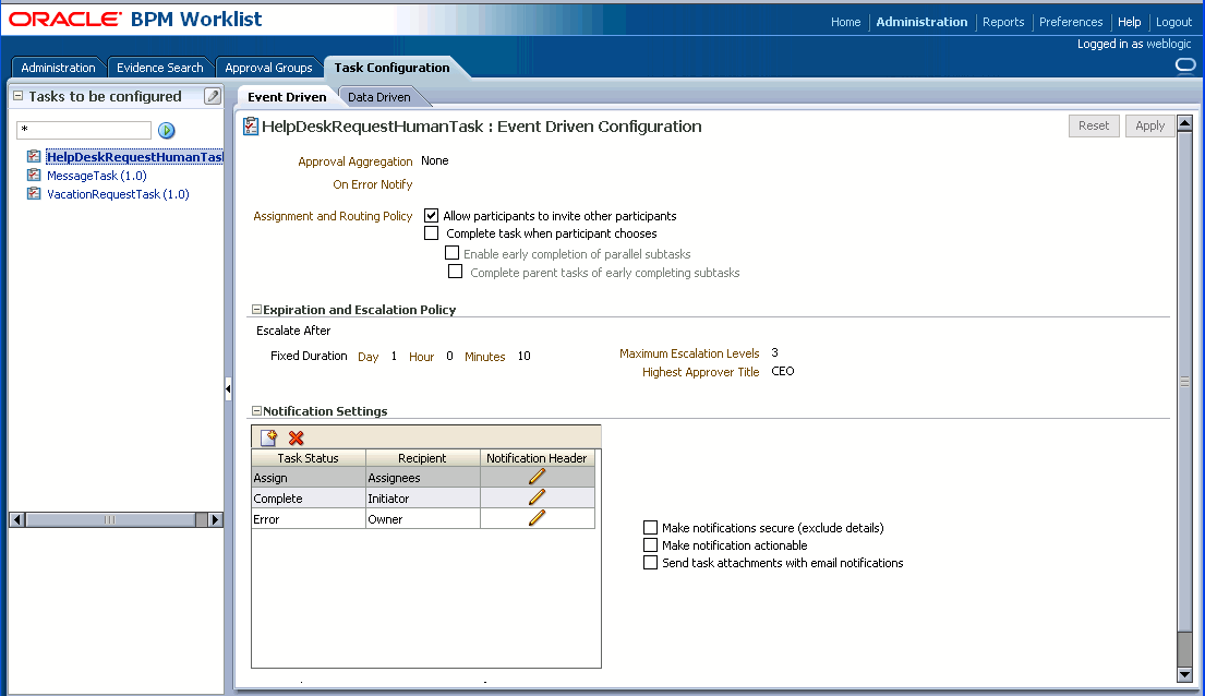 Task Configuration: Event Driven